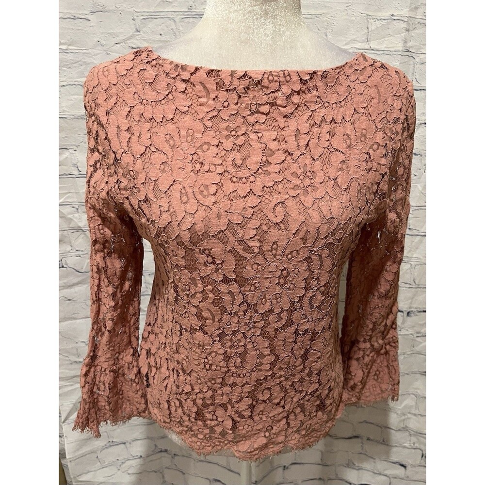Rose + Olive Floral Lace Lined Blouse Women's Pink Bell Sleeve Round Neck Small